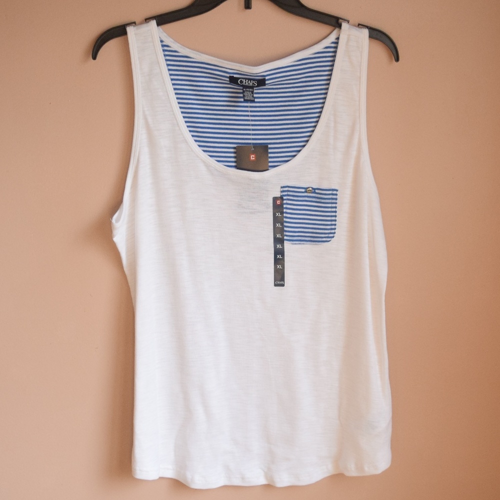 Women's White Tank Top with Blue Stripes Detail XL